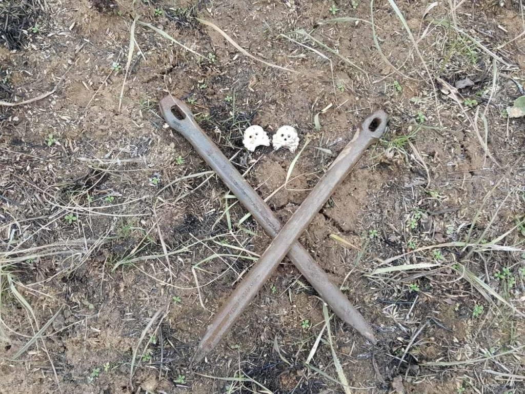 Skull of the buttonhole tank of the Wehrmacht and pegs for ground sheets Skull of the buttonhole tank of the Wehrmacht and pegs for ground sheets