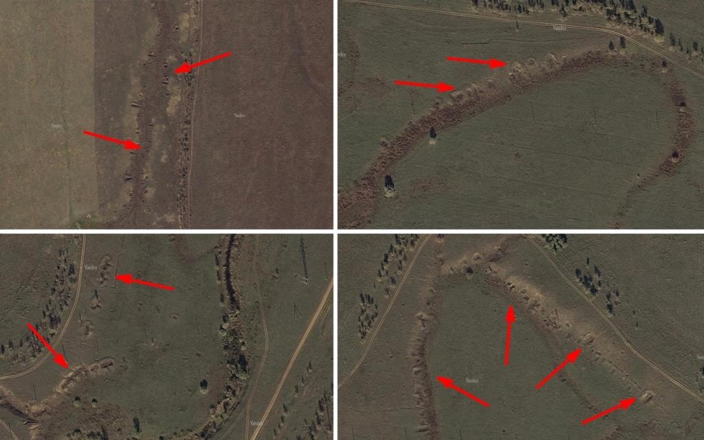 Images of trenches and dugouts surrounding the village of Rossoshka. The arrows point out the areas that are visible to this day.