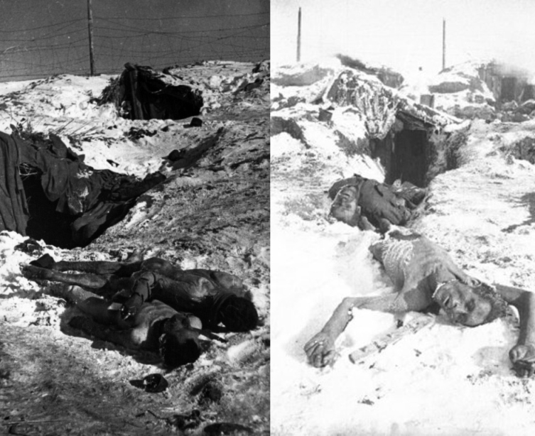 The Red Army soldiers died of starvation and very cold temperatures. The prison camp was in the village of Big Rossoshka near Stalingrad. The photograph was taken during a survey of the camp by the Soviet military after frustration of the German troops