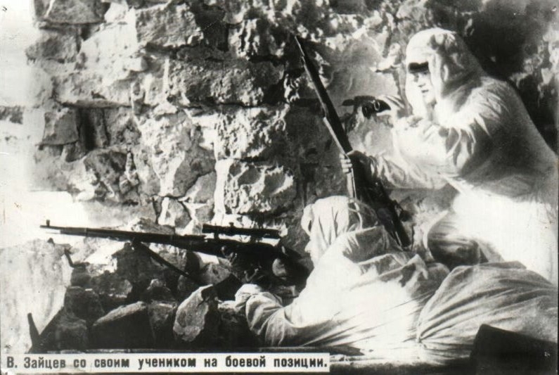 Vassily Zaitsev with his disciple in a fighting position