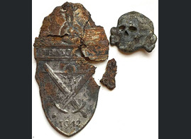 Demyansk shield and Waffen SS collar tab skull / from Demyansk pocket