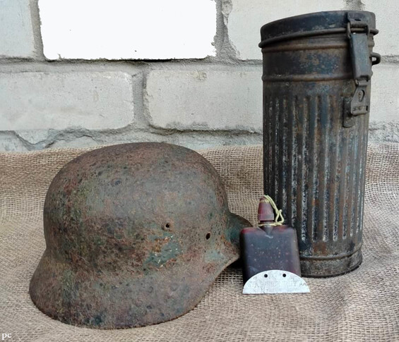 German helmet M35 + gasmask canister / from Stalingrad