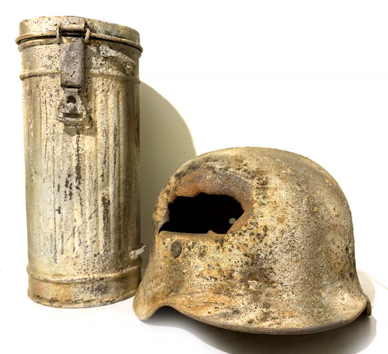 Restored German helmet M35 and canister