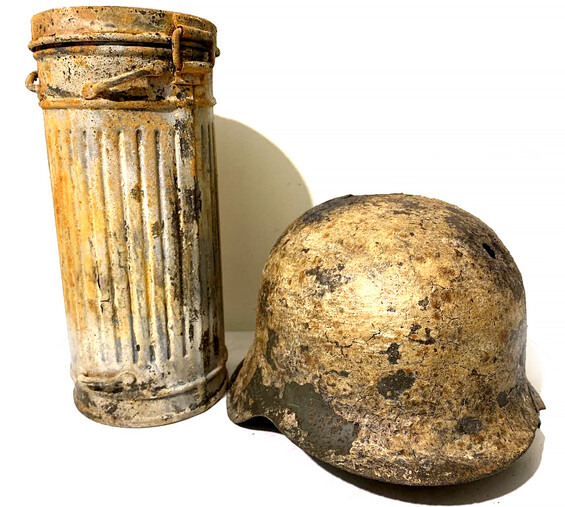 Restored German helmet M42 and canister