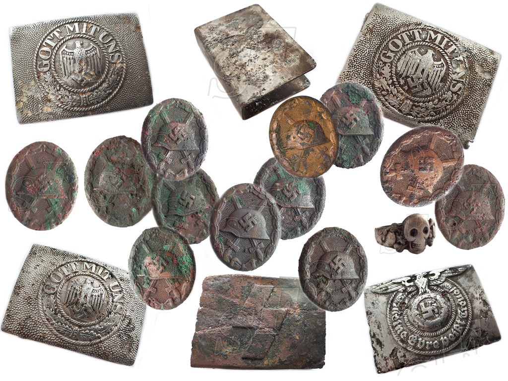 13 Wound badges + 5 Nazi buckles + Skull ring of 3 Reich