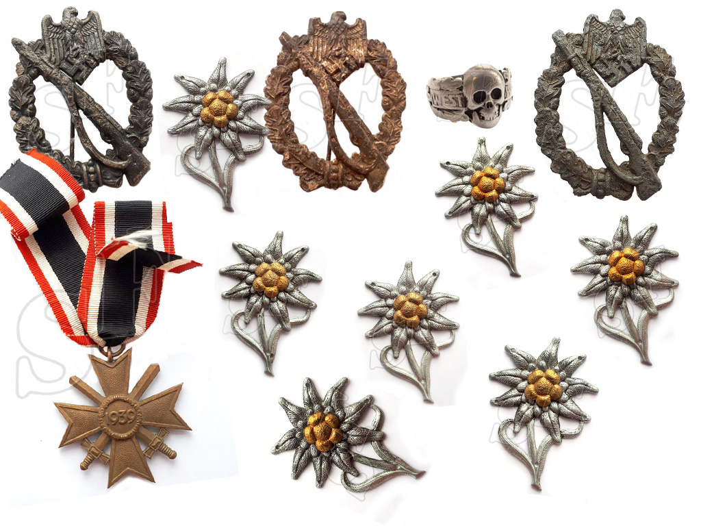 Silver Ring WEST WALL, Edelweiss, War Merit Cross and Infantry Assault Badges