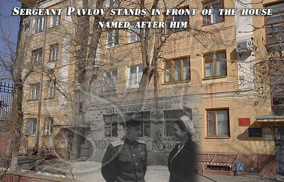 Sergeant Pavlov stands in front of the house named after him