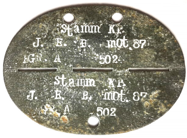 German dogtag Stamm KP. J.E.B. mot 87