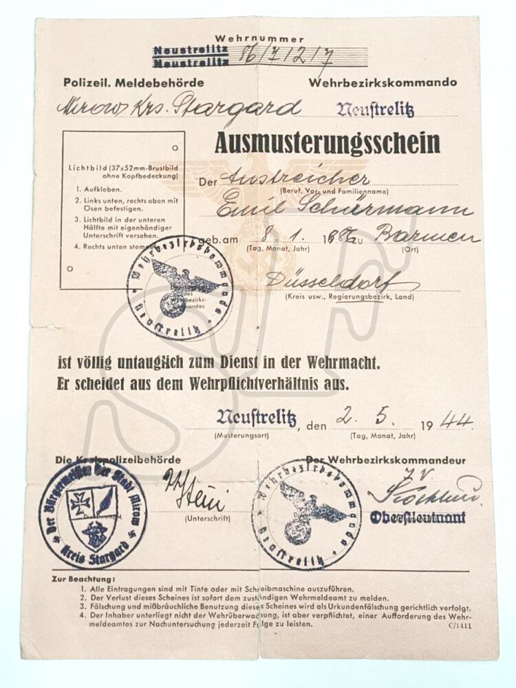 Certificate of unfitness for military service [Ausmusterungsschein] 3 Reich