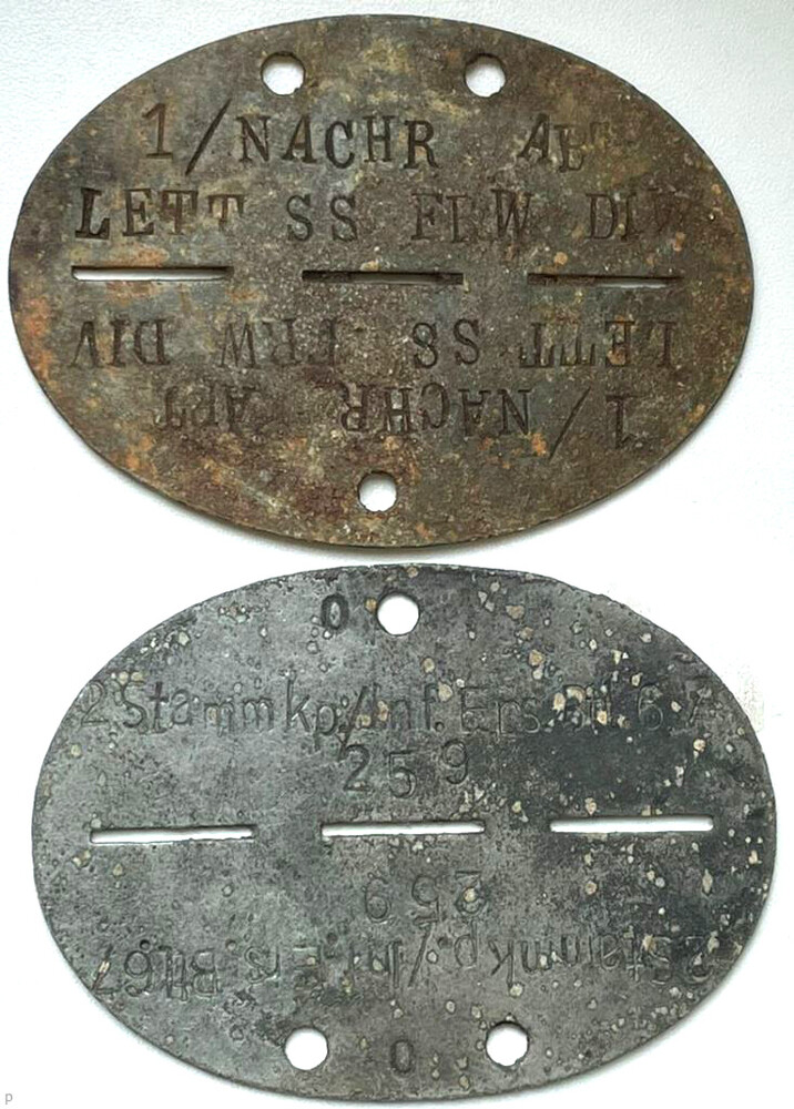 German dogtag 1/NACHR LETTFRW DIV + dogtag Stamm kp./ Inf Ers. btl. 67